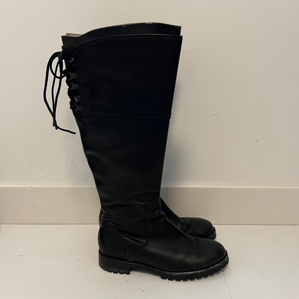 Cole Haan Boots Women 7 Black Leather Vtg Air Tall Riding Lace Up Lug Sole Shoes